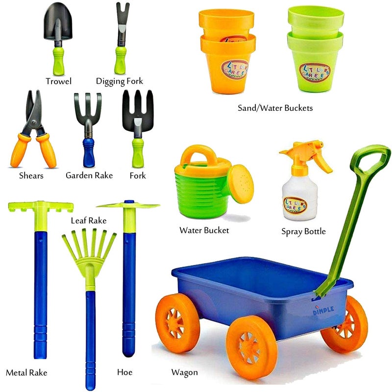 Dimple DCN12752 Garden Wagon & Tools Toy Set Premium 15Piece Gardening Tools & Wagon Toy Set Sturdy & Durable-Top Yd, Beach, Sand, Garden Toy-Great for Kids & Toddlers, Multicolor - Image 3